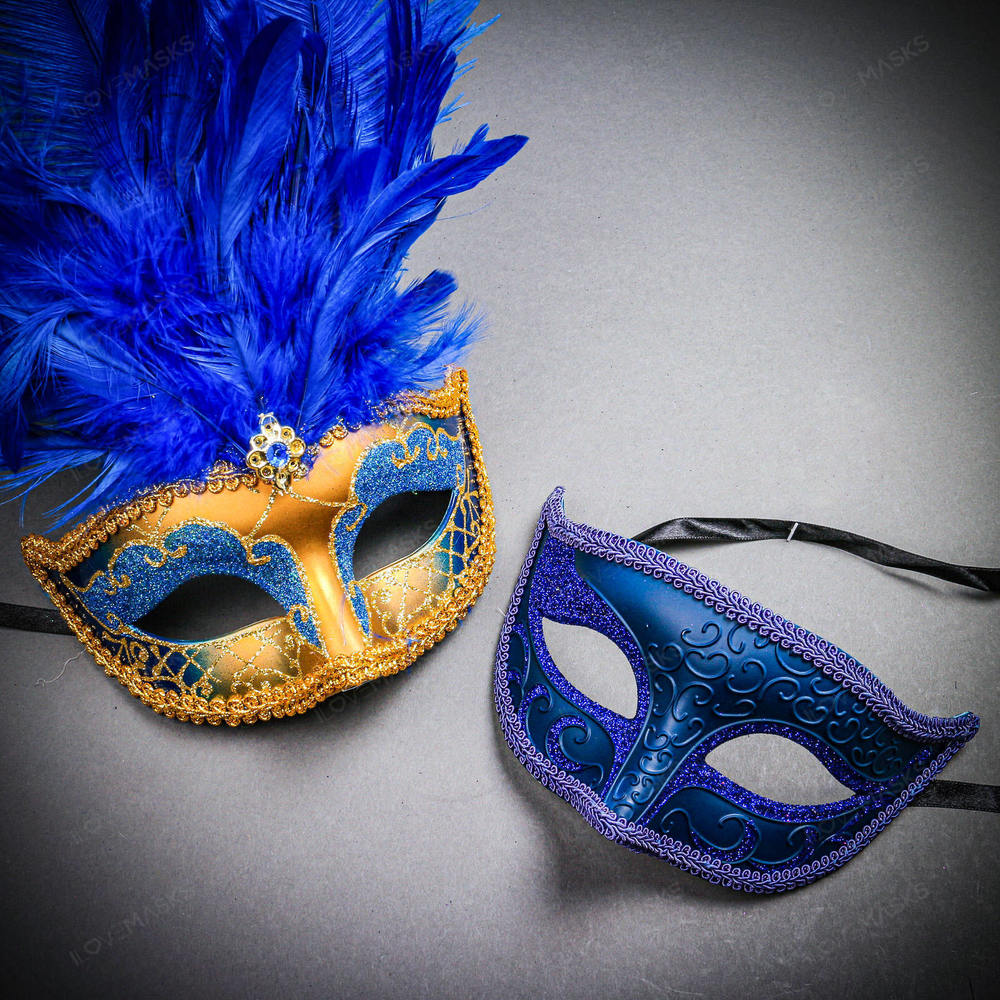 Women Blue Gold Glitter Tall Feather Eye w/ Men Classic Venetian Couple Mask